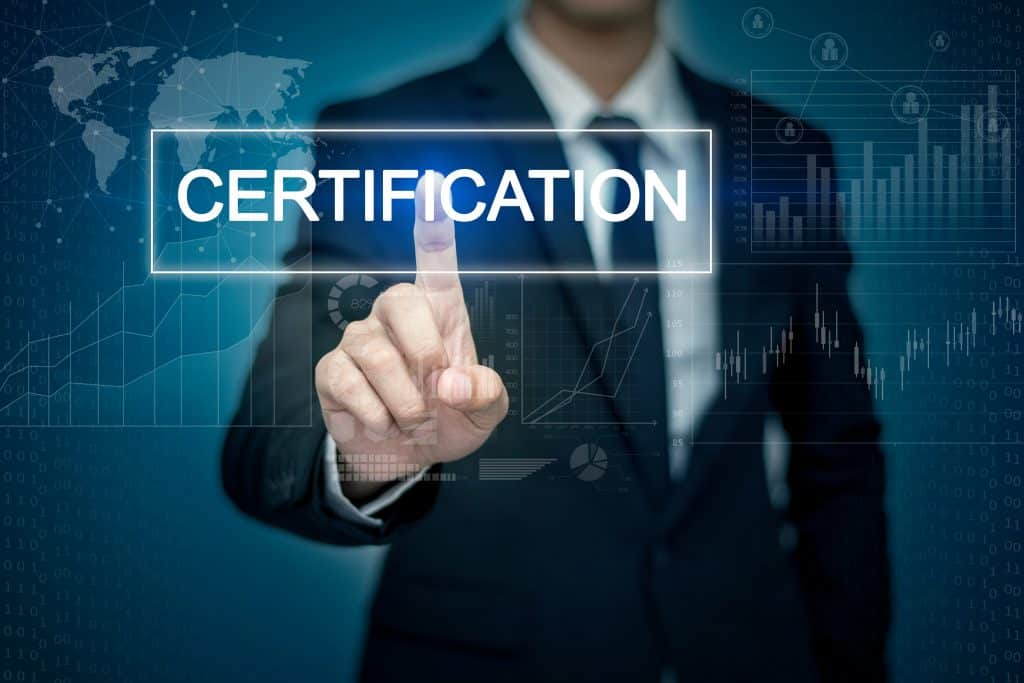 Businessman hand touching CERTIFICATION  button on virtual screen